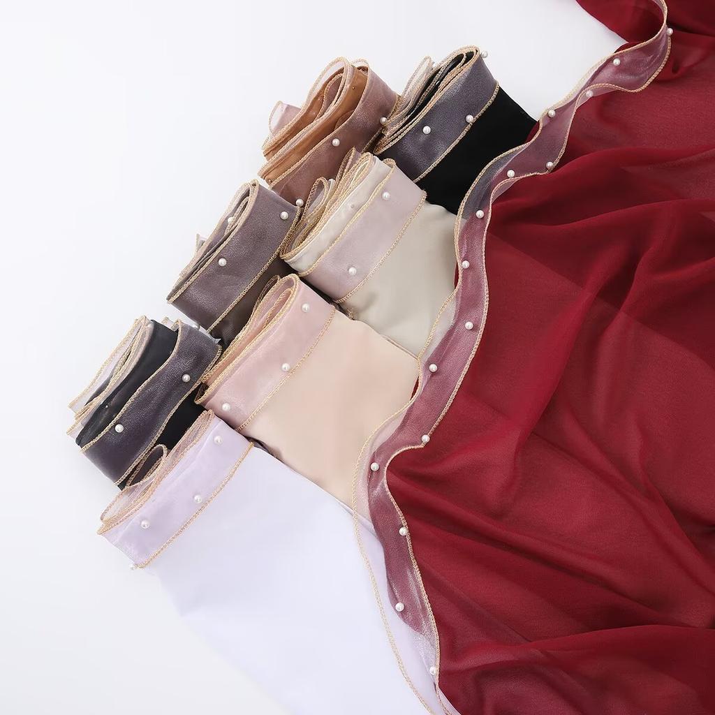 Luxury Pearl Chiffon Scarf Soft Solid Long Scarves Thin Hijab Muslim Women'S Headscarf Ethnic Turban Shawl 70*175Cm