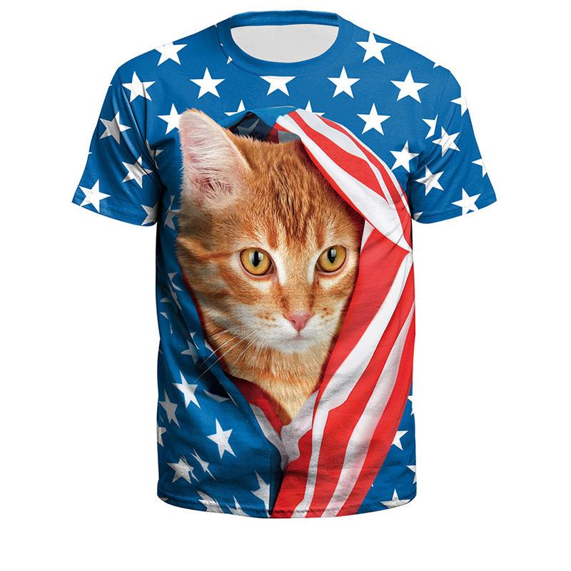 Summer Round Neck 3D American Flag and Animal Graphic Print T-shirts Fashionable Casual Short Sleeved Men's T-shirts
