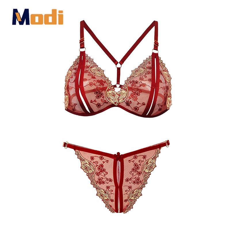 Sexy Three Point Embroidery Underwear Set Plus Size Adjustable Erotic Open Crotch Thong Flower Lingerie Micro Bikini Cupless Bra 2 piece set
