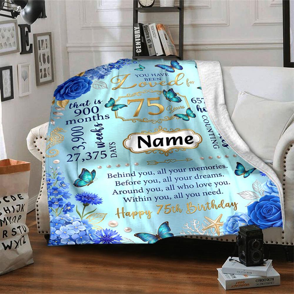 75Th Birthday Celebration Blanket Personalized Name Soft Warm And Versatile For Sofa Bed Office And Travel Machine Washable Comfortable In All Seasons