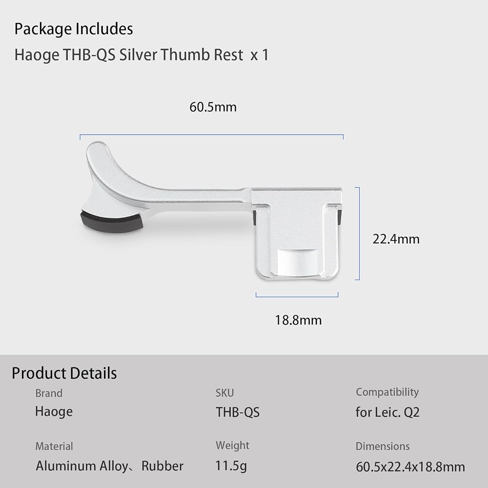 Haoge Metal Thumbs Up Hand Grip for Leica Q2 Camera THB-QS Silver Hot Shoe Thumb Rest