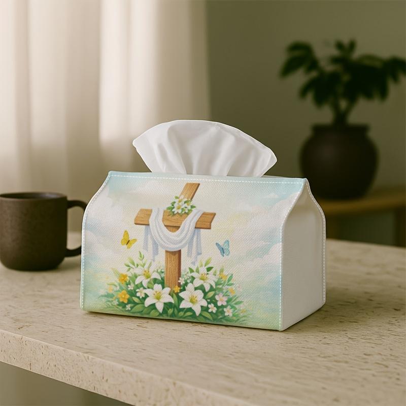 1pc Vintage Easter Easter Tissue Box, Cross Floral Pastel, Outdoor Party Supplies, Everyday Desktop Tissue Storage Box, Suitable for Bedroom, Living R