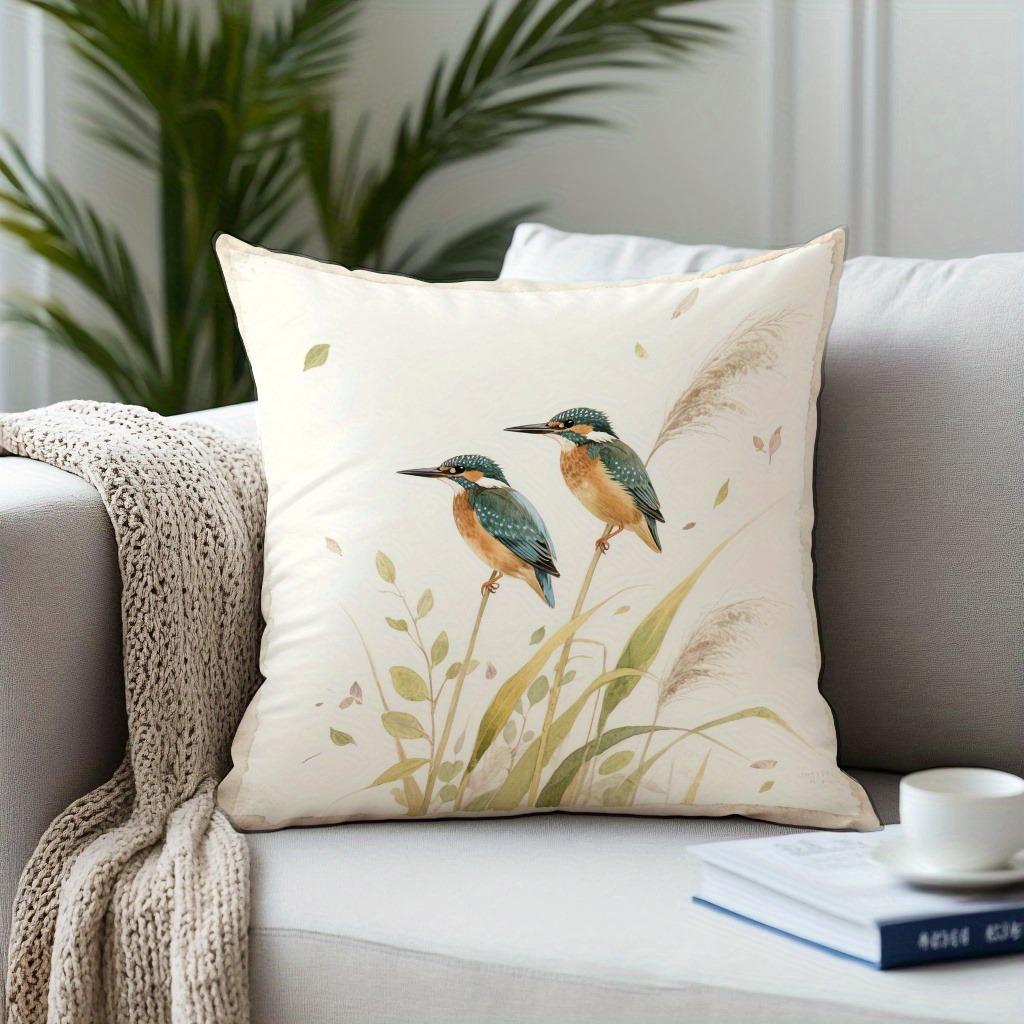 Watercolor Kingfisher & Reed Pillowcase: Serene Natural-Themed Cushion Cover for Soft Modern Home Sofa Decor