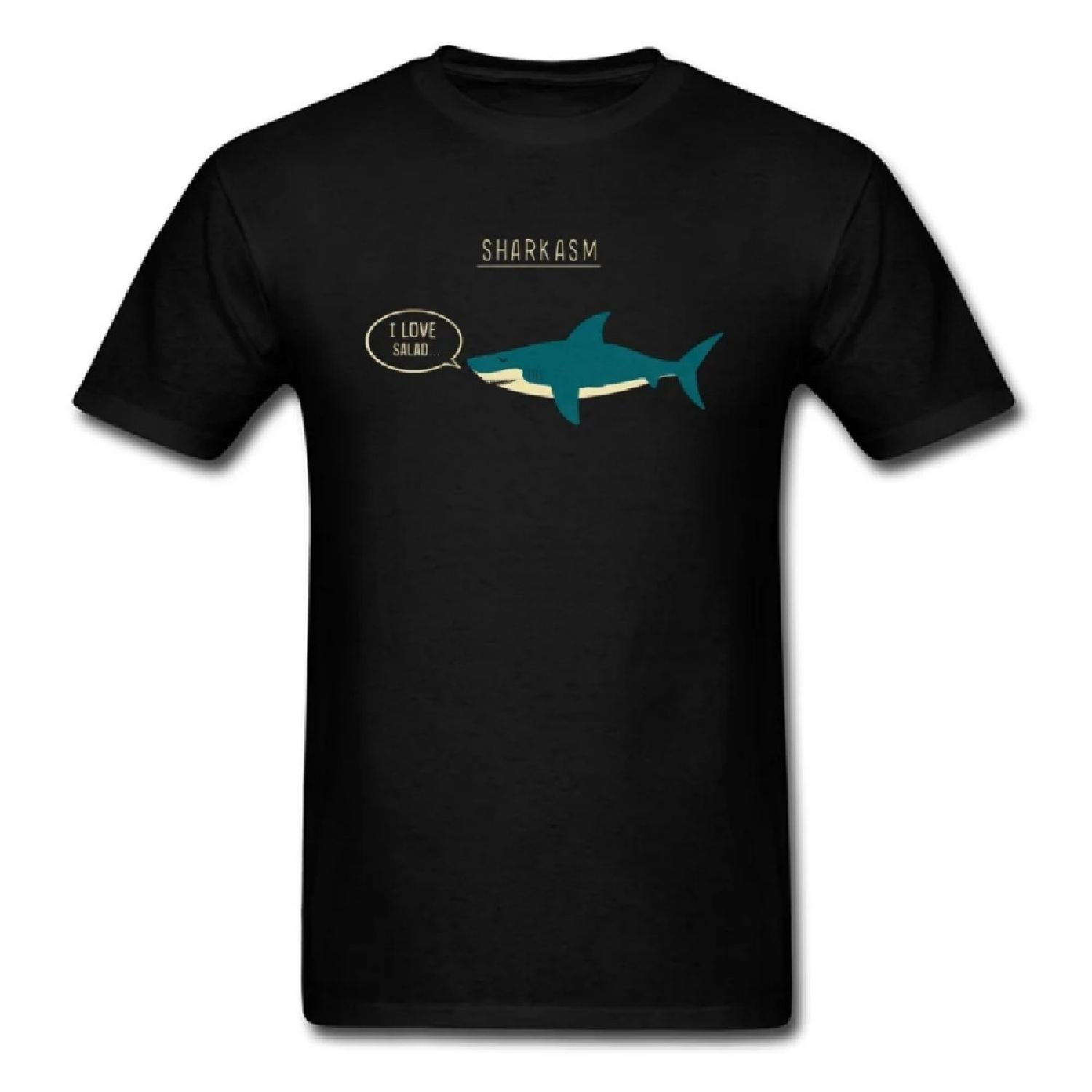 

Funny Sharkasm 2024 New Arrival Shark Tee Shirt Black T-shirt Short Sleeve For Men Cartoon Design I Love Salad XXXXXL чорний