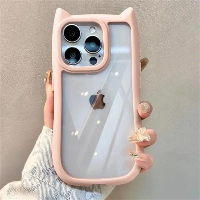 Coque de téléphone en Silicone souple avec oreilles de chat mignon, étui arrière Transparent antichoc en acrylique dur pour iPhone 11 12 13 14 15 Pro Max