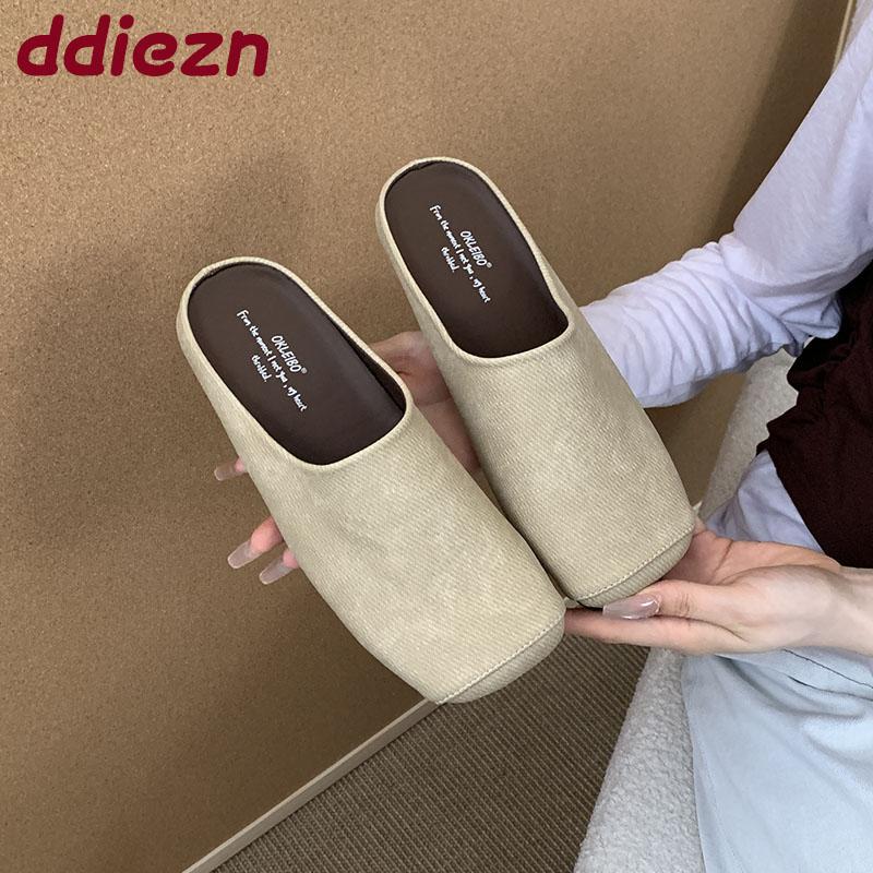Fashion Fashion Square Toe Women Flats Slippers Mules Shoes Casual Beach Soft Ladies Flats Slippers Shoes Female Slides Sandals New