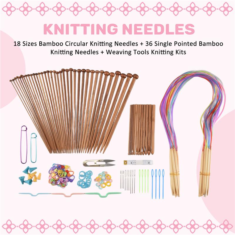 AEE4-Knitting Needles Set-18 Pairs 18 Sizes Bamboo Circular Knitting Needles + 36 Single Pointed Bamboo Knitting Needles + Weavi