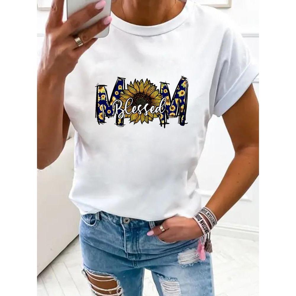 Women Flower Mom Mama 90s Trend Fashion Clothes Print T Shirt Clothing Summer Basic Top Short Sleeve Tee Graphic T-shirts