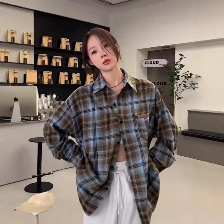 Unisex retro kostkovaná košile s dlouhým rukávem - jarní/podzimní volná ležérní bunda s límcem