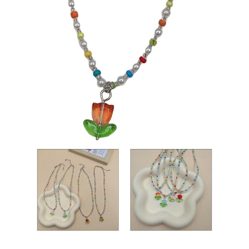 Sweet Bohemia Short Choker Chain Colorful Beaded Necklace for Women Tulip Pendant Necklace Beaded Choker Necklace Gift