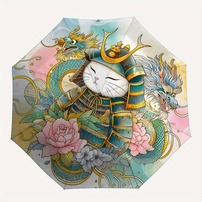 1pc Samurai Cat in Armor Pattern Umbrella, Fashionable, Personalized, High-Value Folding Umbrella, a Must-Have for Summer, 8-Rib Durable Iron Frame, T