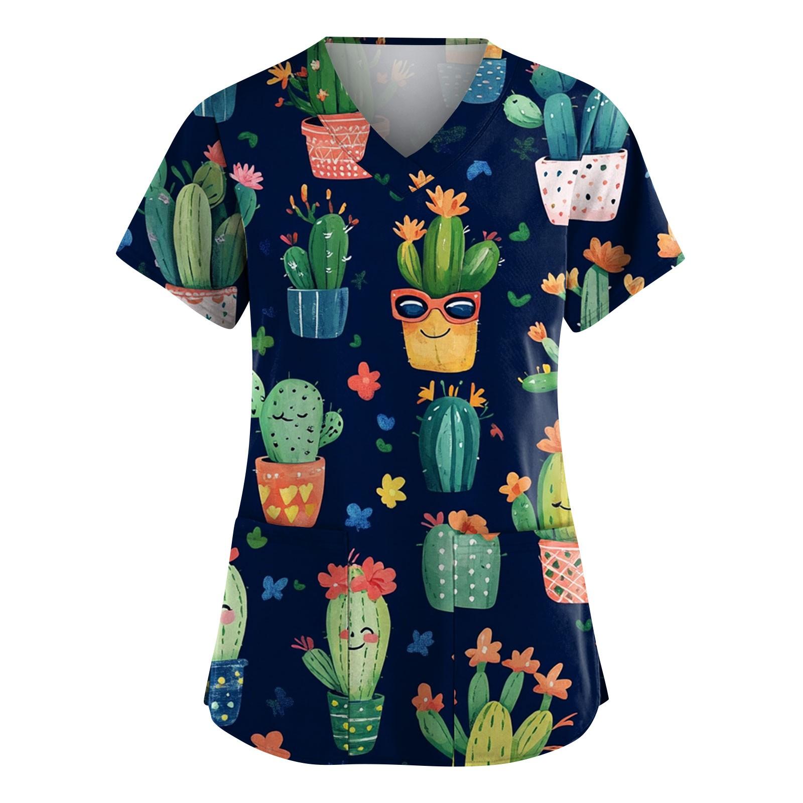 

Женская мода с коротким рукавом и милым принтом кактуса, V-образным вырезом и карманом, рабочая одежда, топ XL