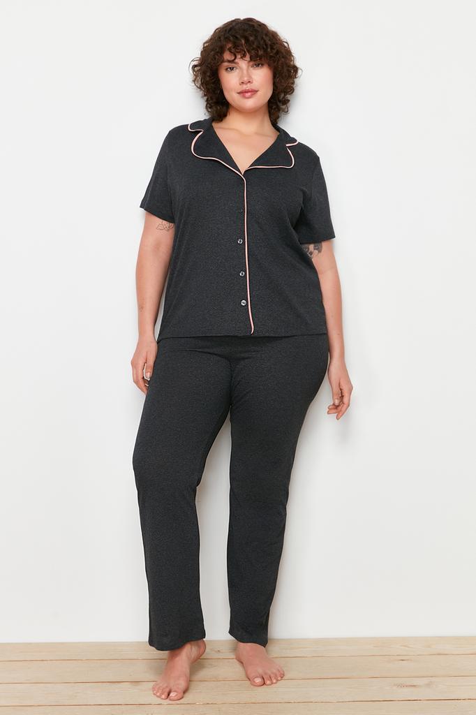 Women's Fashion New Plus Big Size Pajama Set Powder Shirt Collar Piping Knitted Pajama Set
