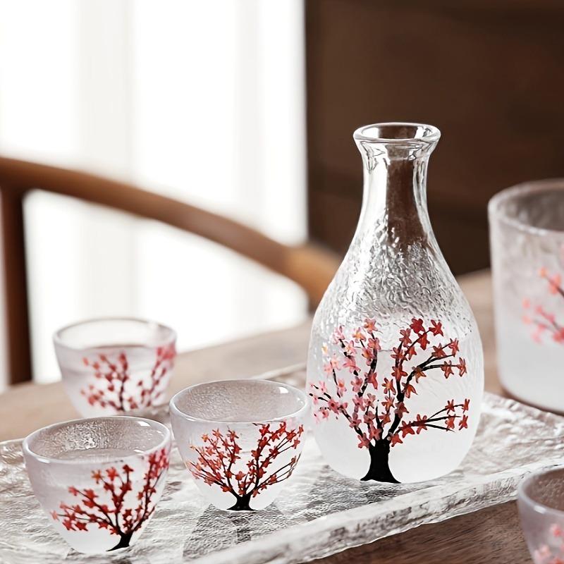 Hand-Painted Sake Set with Hammered Texture and Cherry Blossom Design Including A Sake Cup and A Sake Pot Home Dining Room Decor