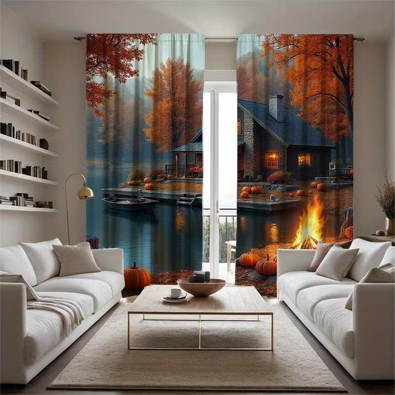 2 Stück Vorhänge mit Seelandschaftsdruck, geeignet für Schlafzimmer-, Wohnzimmer-, Küchendekoration, Heimdekoration, Fensterdekoration