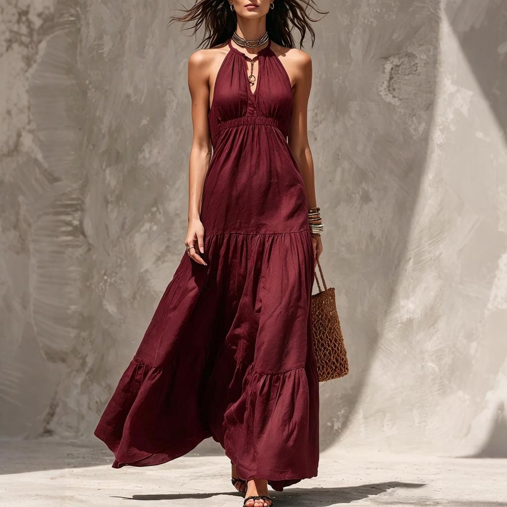 Women V Neck Sleeveless Maxi Dress with Fitted Waist and Tiered Skirt Vacation Style Long Dress for Casual and Daily Wear