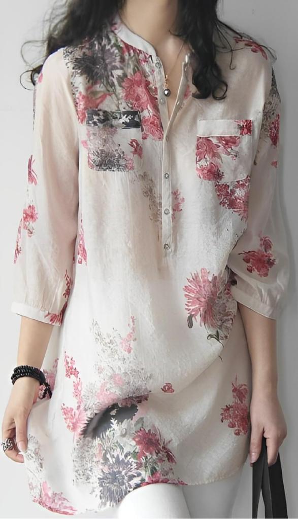 Pretty floral pattern sleeve pullover cute and stylish band pocketed summer fashion pink [aspersio] 3/4 tunic, mature, top, women's shirt, long,