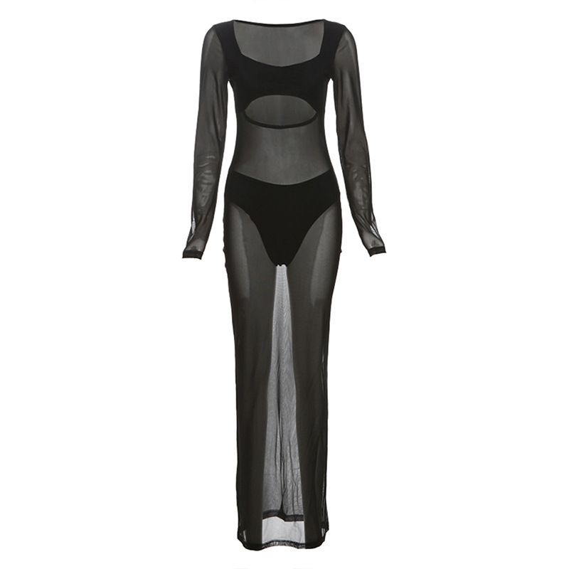 Mesh Hollow out Long Sleeve Dress Set Mesh Hollow Long Sleeves Dress Suit