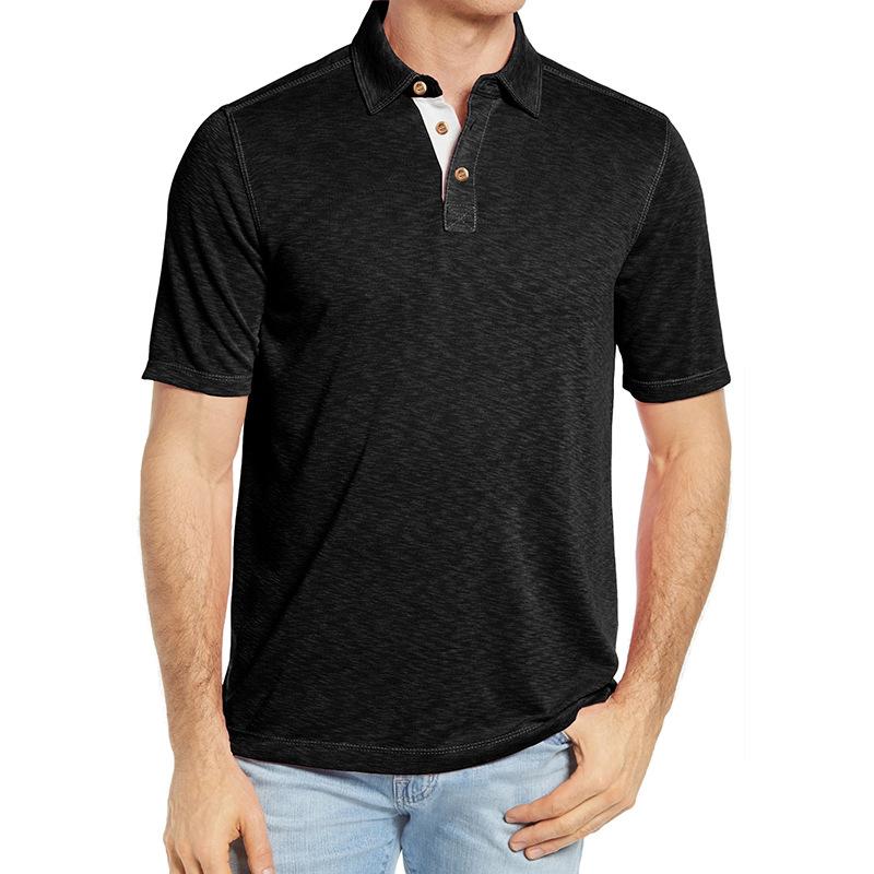 Men Lapel Short Sleeve Heather Solid Color Casual Slim Fit Polo Shirt S чёрный