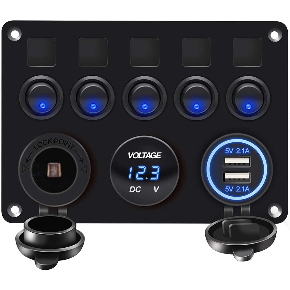 RUIZHI Switch Panel, 5 Rungs, Waterproof, Dual USB Sockets, 5 Connections, Car Boat, Marine