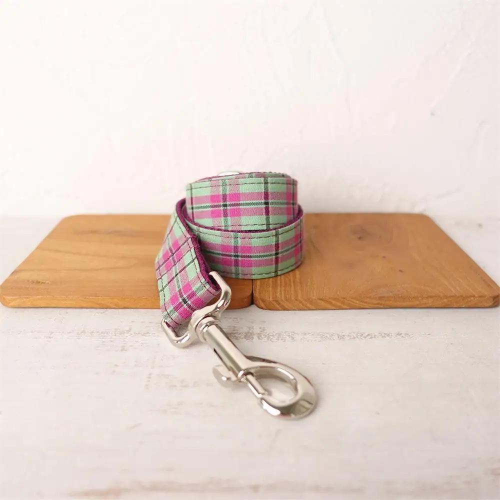

Personalized Dog Collar with Free Engraving, Matching Pet Leash,Customzied Contacts Metal Buckle, Purple Green Plaid Collar S