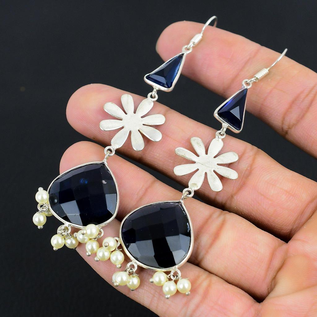 Natural London Blue Topaz 925 Sterling Silver Dangle Drop Birthday Wife Earrings