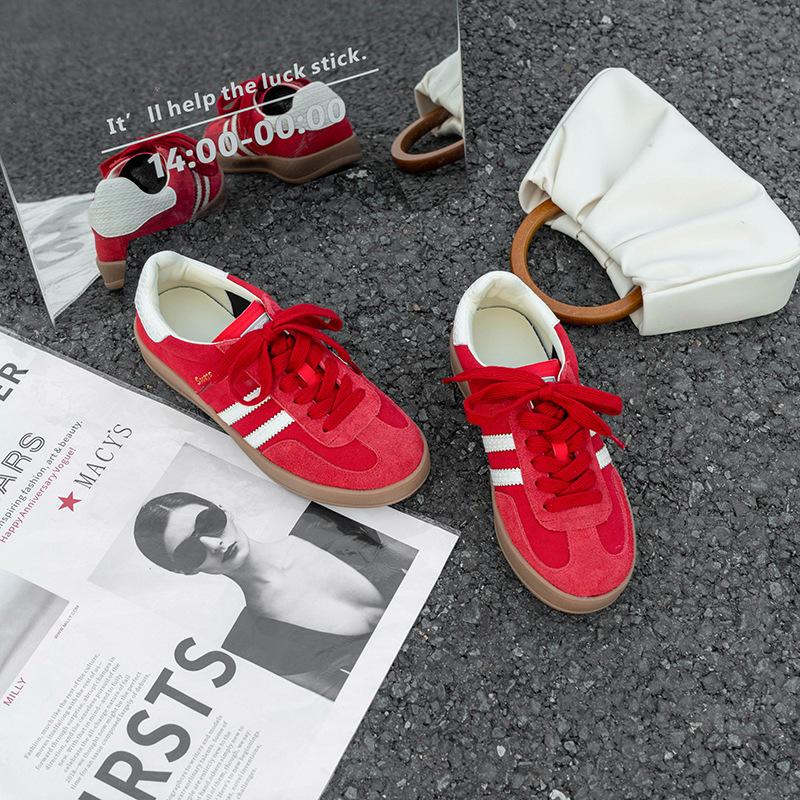 Cowhide red inner height increase three bars German training shoes women's shoes flat bottom versatile shallow mouth comfortable sports and leisur