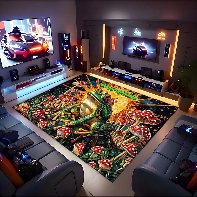 1PC Custom Name Frog Mushroom Land Theme Floor Mat Ideal for Living Room, Game Rooms, Office, Bedroom,Floor Mat Playful Design
