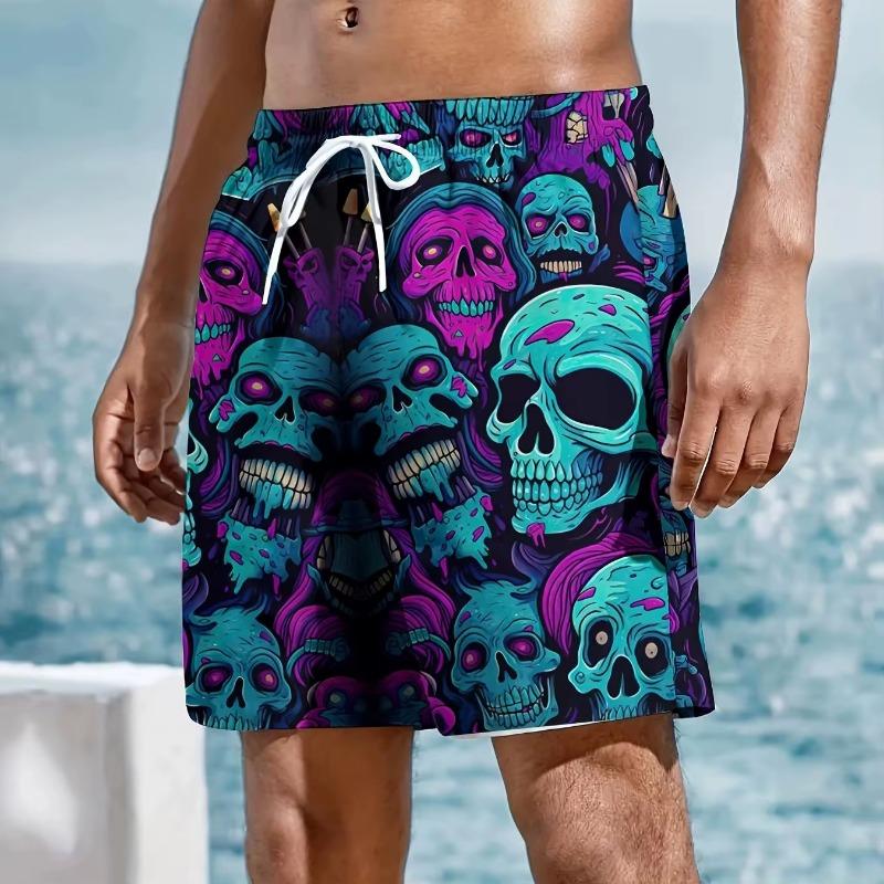 Men's Casual Floral Skull Print Men's Fashion Summer Drawstring Shorts With Pockets Beach And Leisure Shorts