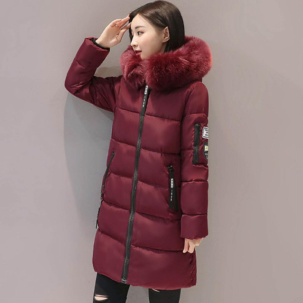 Women's Fashion Big Hair Collar Slim Waist Long Down Cotton Jacket Cotton Coat