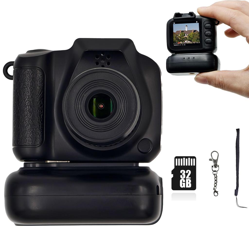 Mini Digital Digital Toy Inch 1080P Vidvinkel 32GB kort Ladebase Nøkkelring Skole Nybegynnere Kamera, Kamera, 1.4 Skjerm, Objektiv, Inkludert,