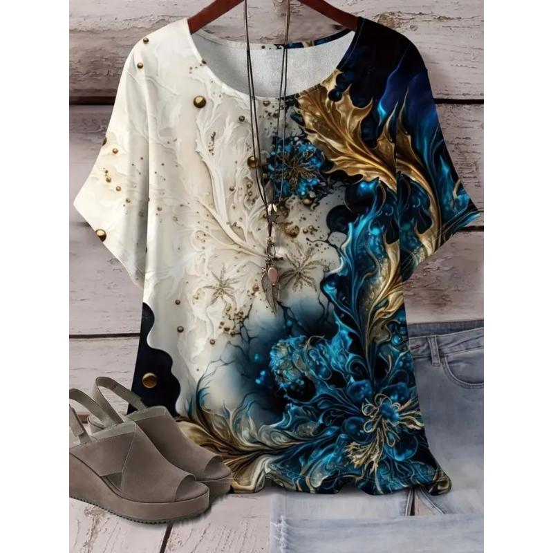 Camiseta de Manga Corta con Cuello Redondo y Estampado de Flores 3D para Mujer