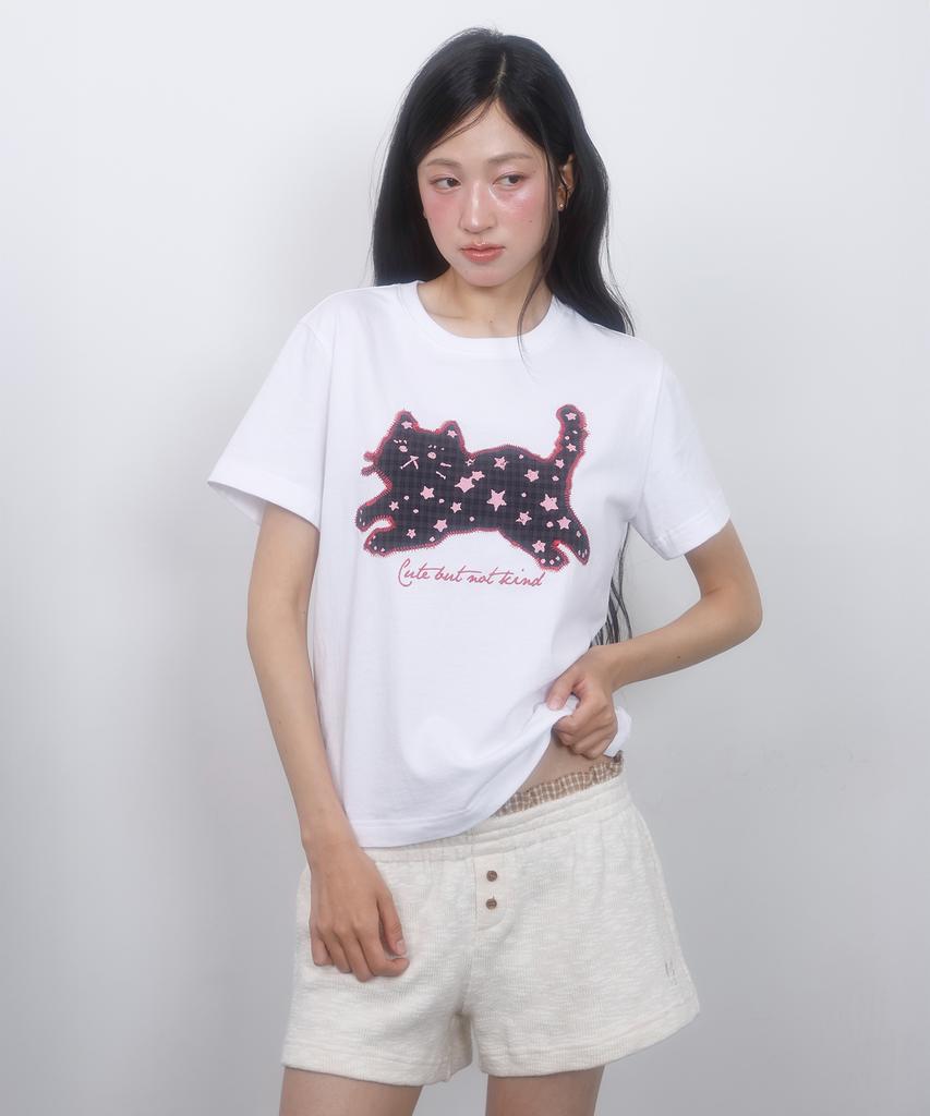 LMR Star Dot Cat Applique Short Sleeve T-Shirt White