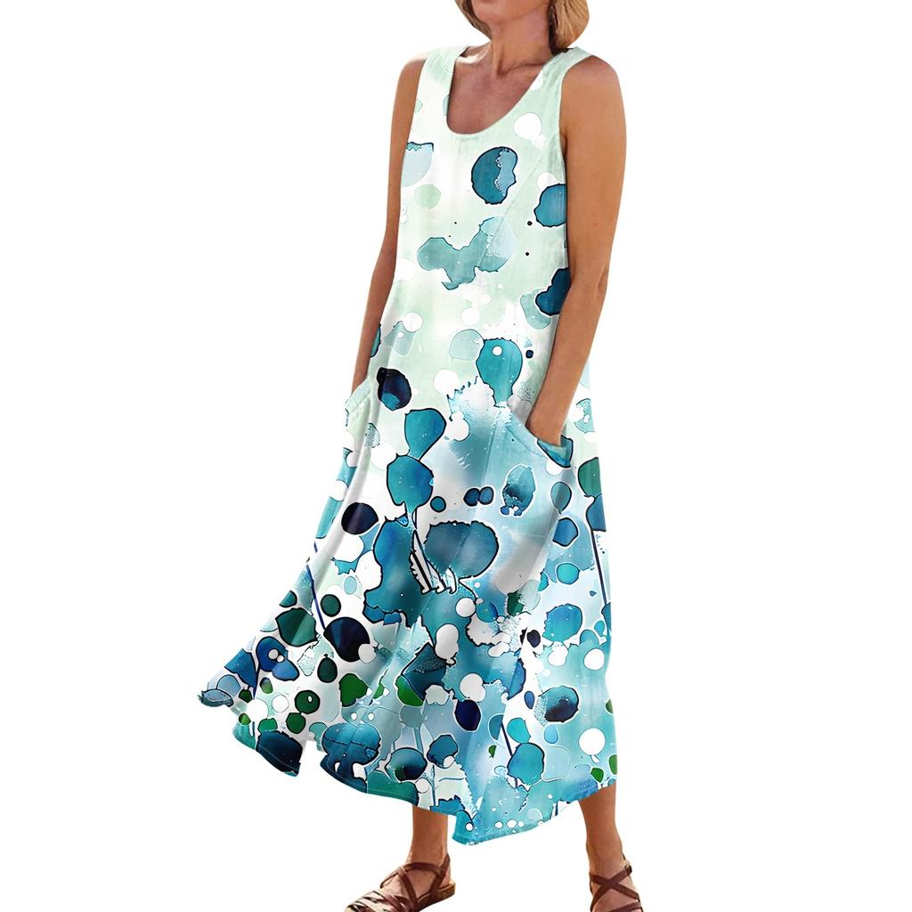 Sleeveless Dress For Women Women's Summer Casual Fashion Printed Sleeveless Round Neck Pocket Dress