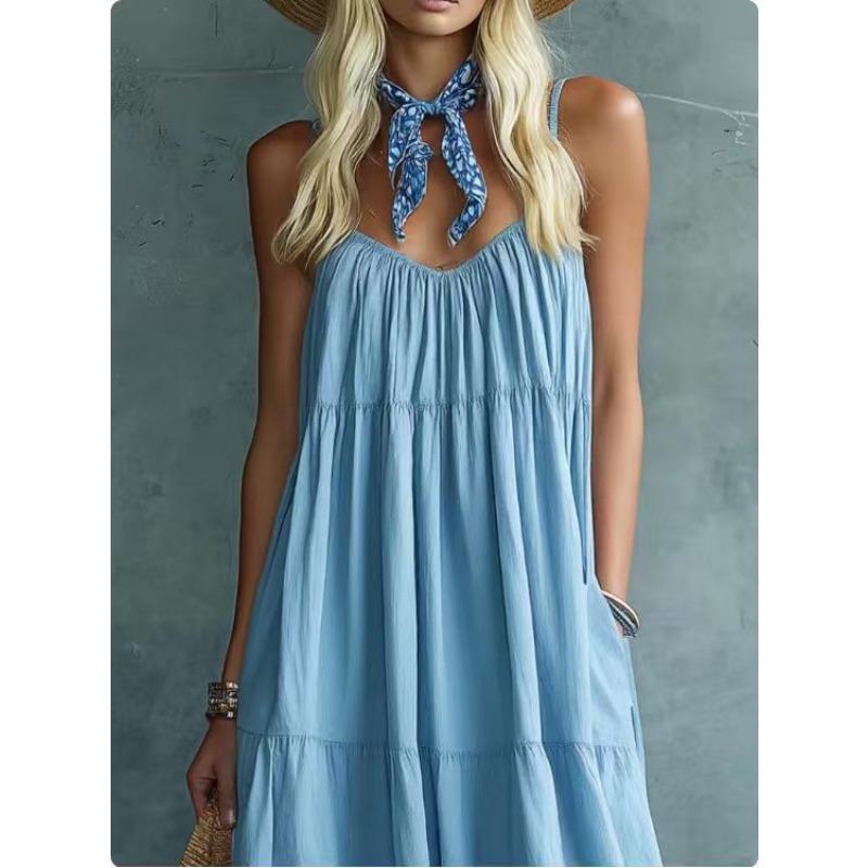 Women Summer Boho Spaghetti Strap Tiered Maxi Dress, Loose Flowy Pocket Solid Sundress, Lightweight Blend Fabric Casual Beach Resort Vacation Dress