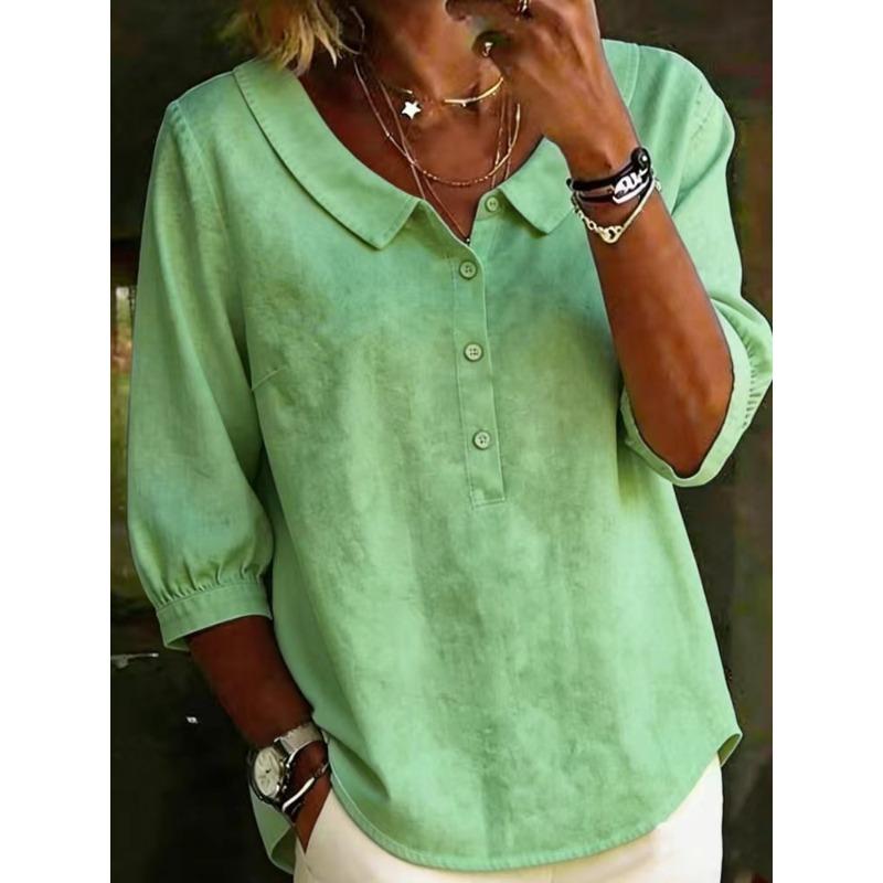 IHUASU Women's Fashion Casual Solid Color Print 3/4 Sleeves POLO Neck Blouses & Shirts