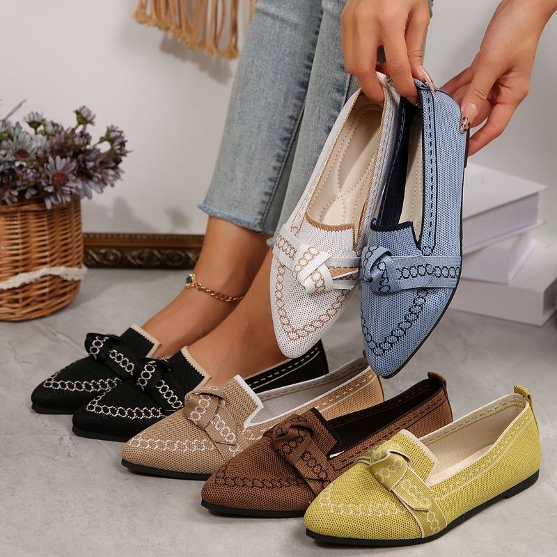 Spot Foreign Trade Thin Pointed Large Size Flat Single Shoes Fly Weaving One Pedal Bow Casual Breathable Women's Shoes