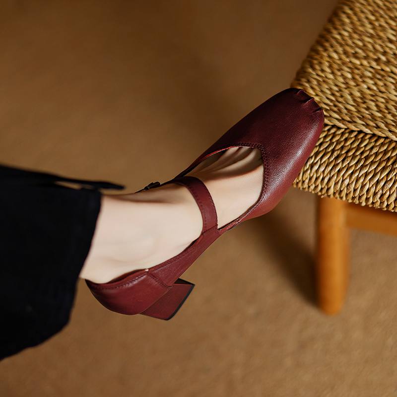 Krazing Pot Módní jarní a podzimní boty s hrubým podpatkem a přezkami, dámské boty Mary Janes s čtvercovou špičkou a lodičky z kravské kůže