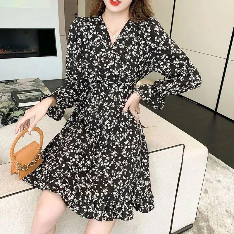 

Elegant Chiffon V-Neck Long Sleeve Dress, Slimming Waist, Mid-Length Skirt, Women s Spring/Autumn 2026 New Arrival M