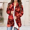 Women Plus Size Open Front Long Sleeve Draped Collar Floral Printed Black Curved Hem Cardigan