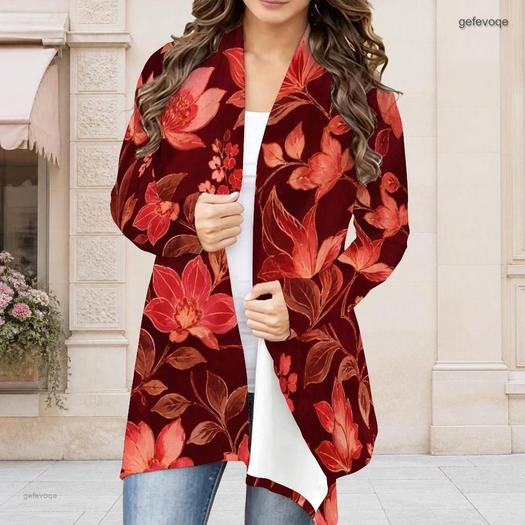 Women Plus Size Open Front Long Sleeve Draped Collar Floral Printed Black Curved Hem Cardigan