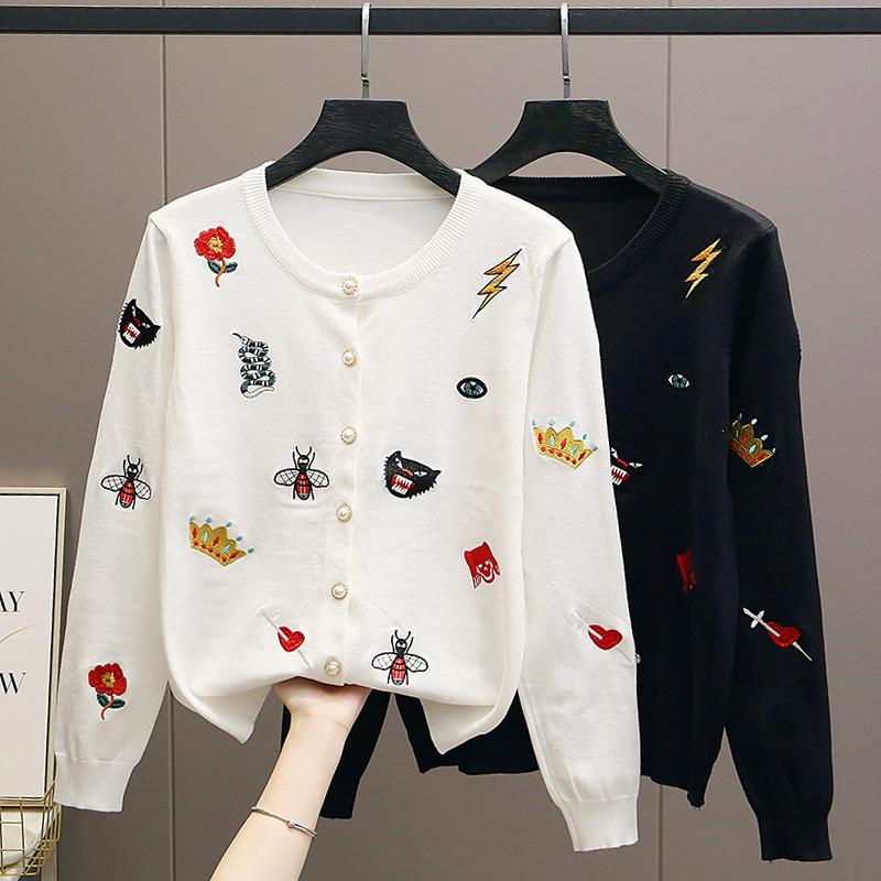 Autumn Women Designer Embroidery Monsters Single Breasted Knitted Sweater Coat Jacket