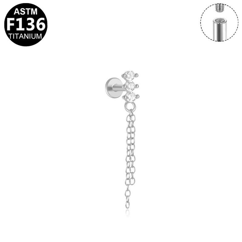 G23 Titanium Threaded Chain Earring with Zircon Pendant & Lightning Lip Heart Stud