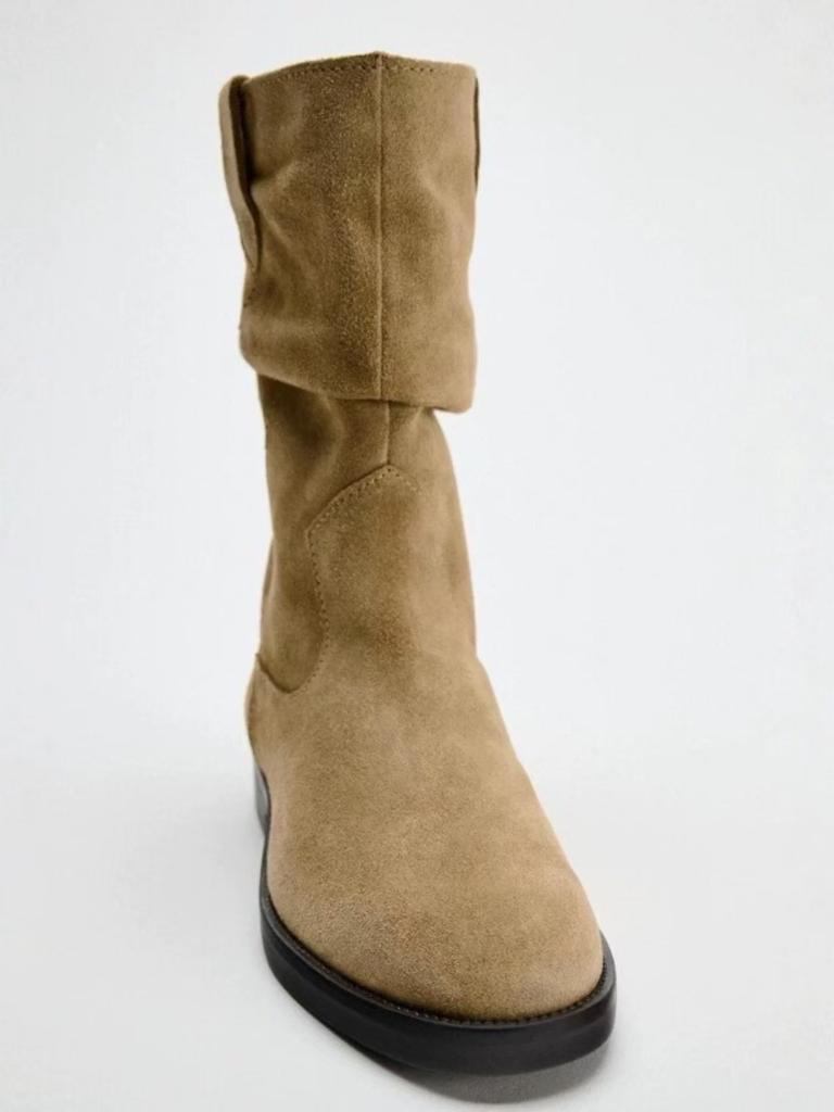 Vintage Maillard Round Head Western Cowboy Boots Thick Heel Thick Sole Medium Boots Women's Autumn and Winter Pile Pile Boots Women's Boots