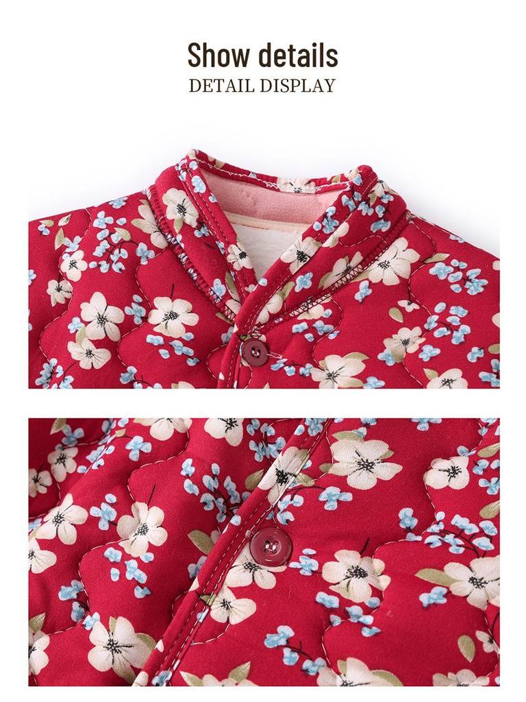 Floral Plus-Size Women's Cotton Jacket with Velvet Lining - Warm and Loose for Autumn/Winter