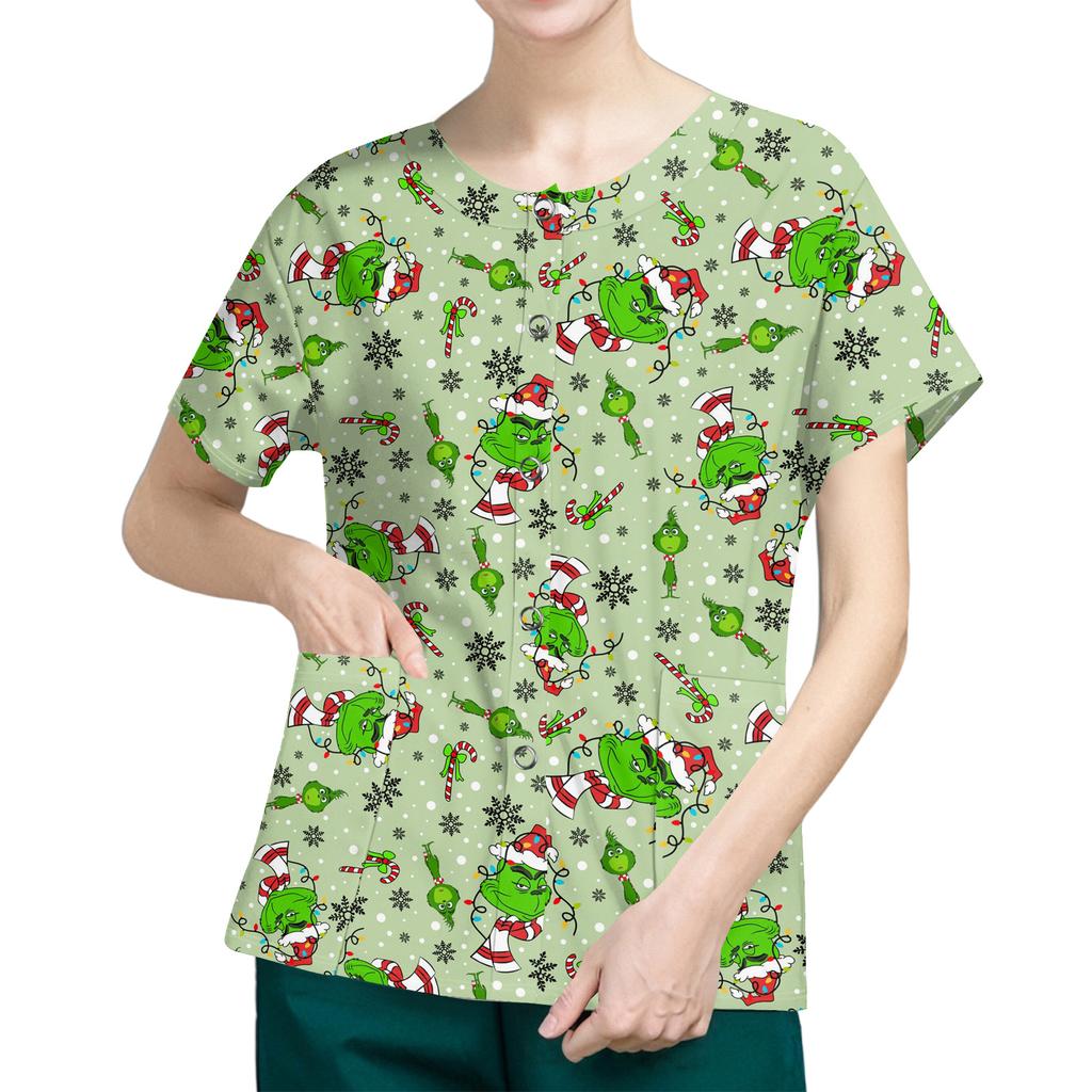 Women's Short Sleeved Patterned Pockets, Work Print Stand Up Collar, Single Breasted Protective Clothing, Cardigan Jacket, Top