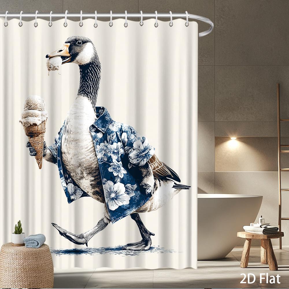 

Goose With Ice Cream Shower Curtain – Whimsical Blue-Floral Jacket Goose Holding Cone, Waterproof Polyester W60H190(CM)-1 Pcs