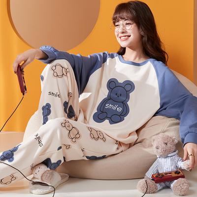 Pajamas with Chest Pad Women's Autumn Winter Long Sleeves Sweet Cartoon Bear Homewear  Student Sleepwear Round Neck