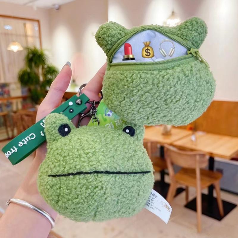 Girls Kawaii Key Charm Lanyard Pendant Earphone Storage Bag Zipper Coin Purses Mini Wallet Keychain Frog Coin Bag