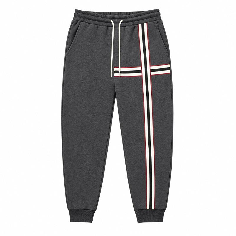 Men Stripe Jogger Sweatpants, Elastic Drawstring Waist Stripe Thigh Panel Side Hand Pockets Ribbed Ankle Cuffs Soft Fleece‑Lined Casual Trousers